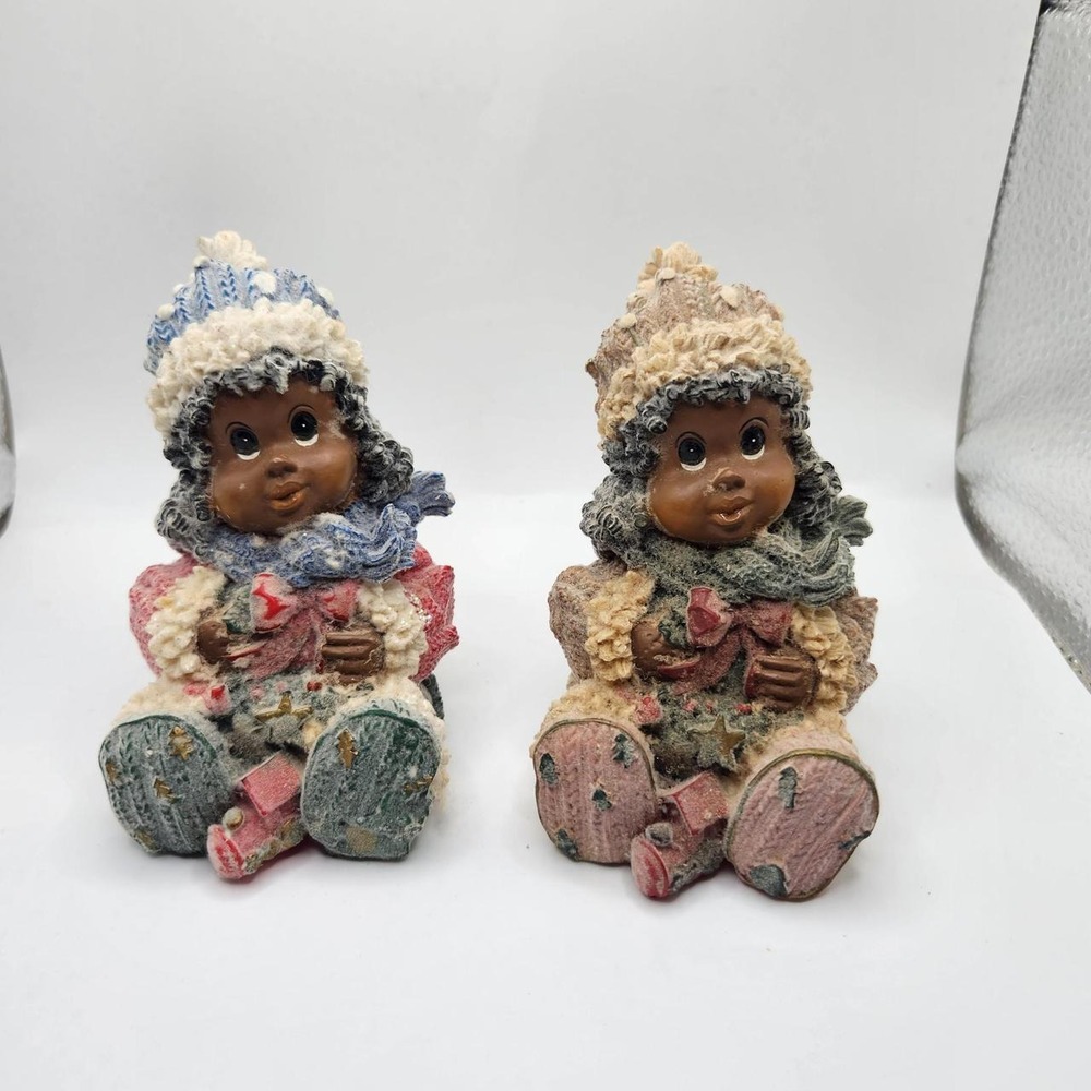 Pair of Black Girl Winter Christmas Figurines 3" Train Holiday Decor